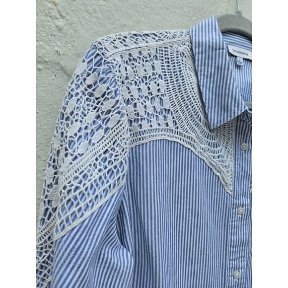 Calligraphie Anthropologie Top Large Blue White Striped Button Up Ivory Crochet - Picture 4 of 13